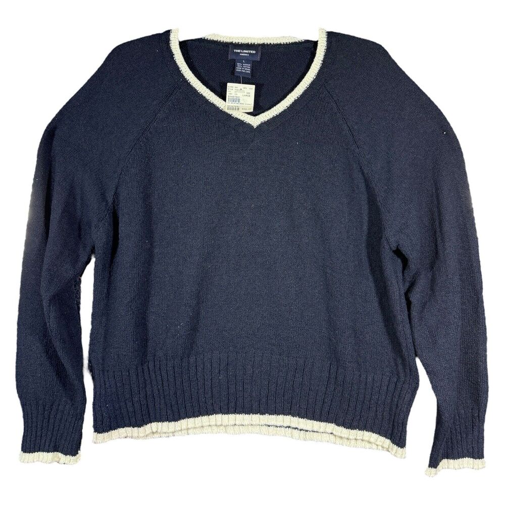The Limited America Navy Blue White Accents Tight Knitted Long Sleeve V Neck L